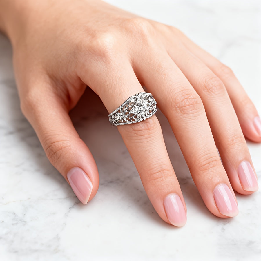 Butterfly Filigree Cocktail Ring with Cubic Zirconia Accents, Silver or Gold Tone