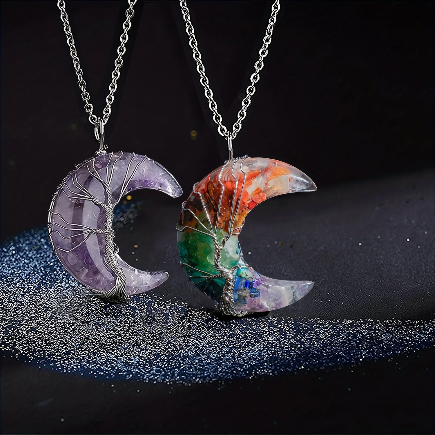Crescent Moon Multicolor Crystal Pendant Necklace with Wire-Wrapped Tree of Life Design