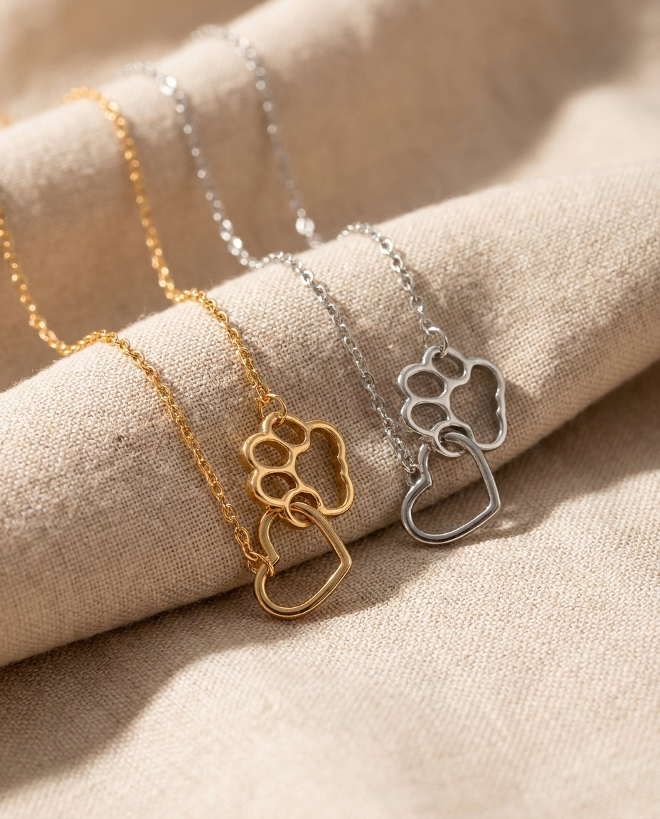 Estelle & Ruby Dog Paw & Heart Pendant Necklace - Alloy, Adjustable Chain, Gold or Silver Tone (AI-generated studio image)