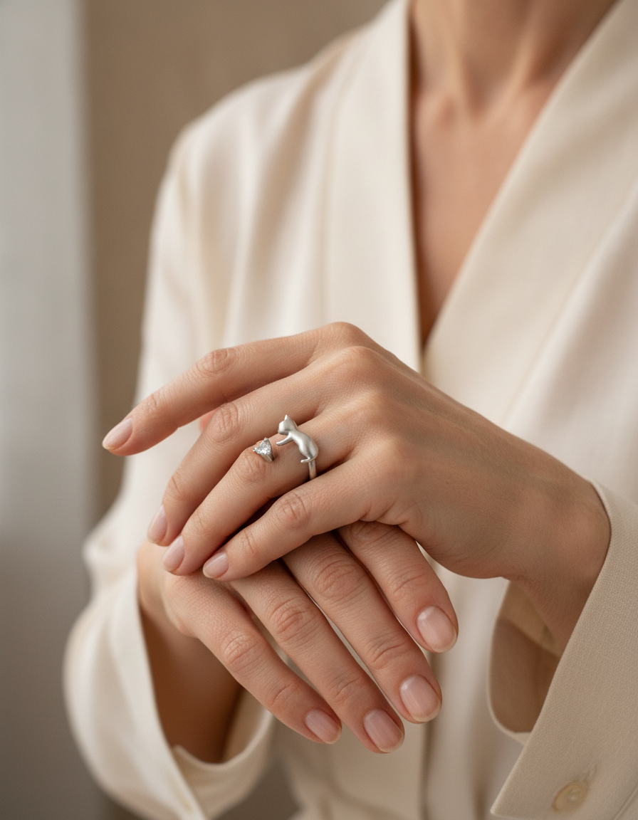 Estelle & Ruby Double Cat Statement Ring for Women - Adjustable Silver-Tone Copper with Heart Zircon Stone (AI-generated lifestyle image)