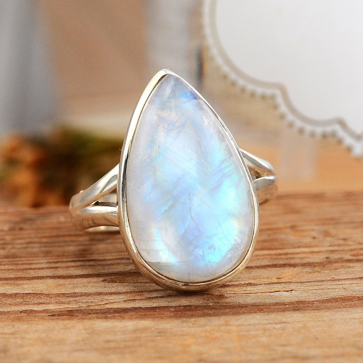 Teardrop Moonstone Ring with Split Band in Silver Tone