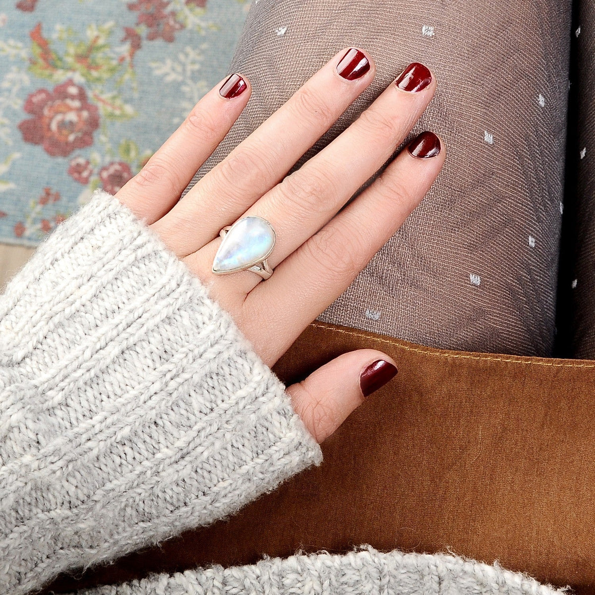 Teardrop Moonstone Ring with Split Band in Silver Tone