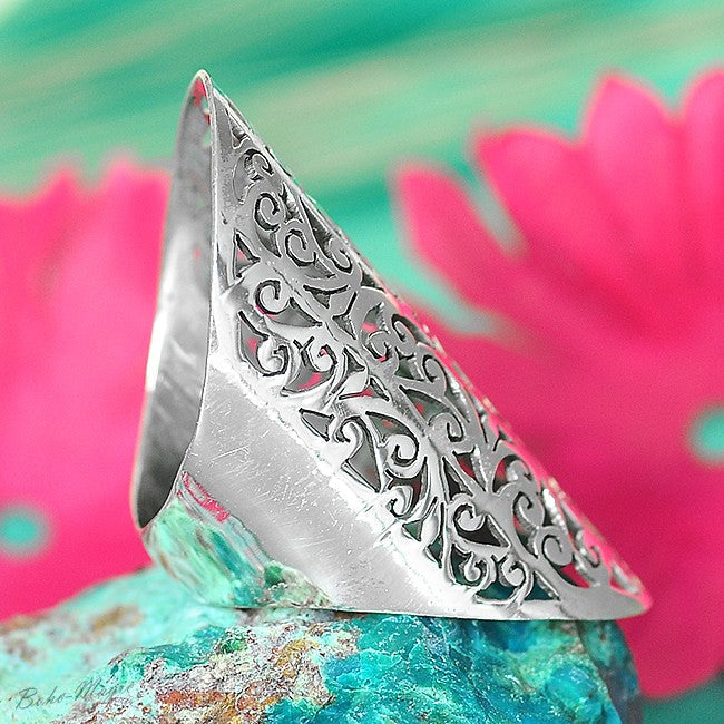 Filigree Scrollwork Full Finger Statement Ring in Sterling Silver 92.5