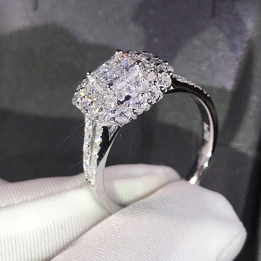 Square Double Halo Cubic Zirconia Ring with Pavé Band — view 3