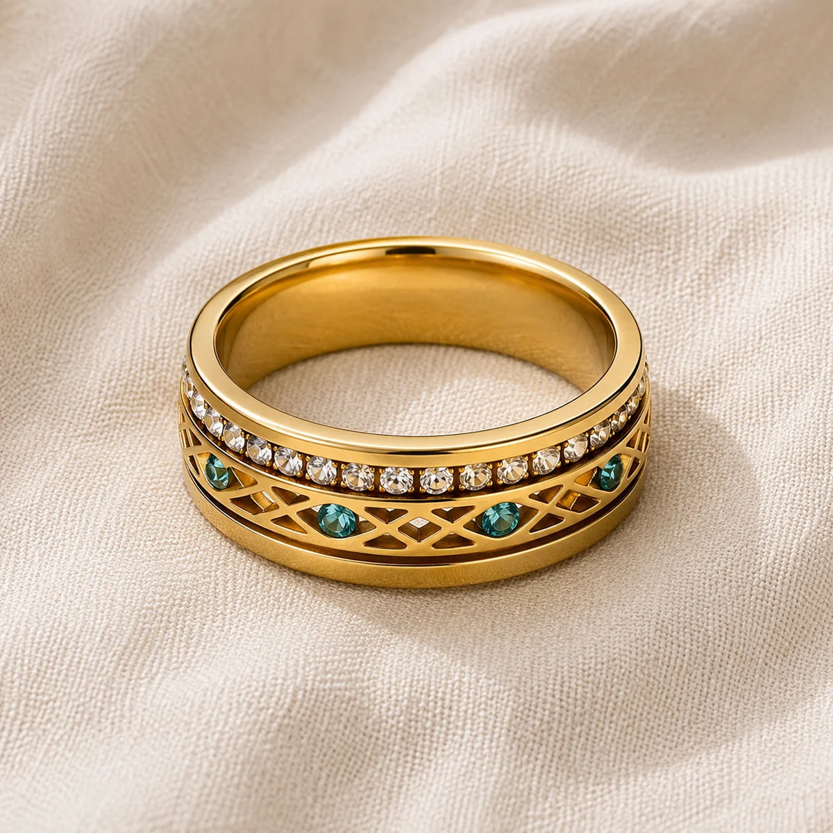 Vintage Lattice Ring with Clear Crystal and Teal Gemstone Accents in Gold Tone