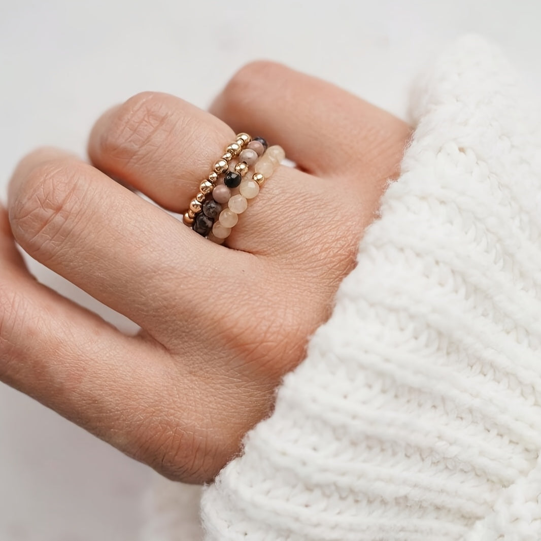 Beaded Natural Stone Stacking Rings, Set of 3 with Rose Gold-Tone Accents