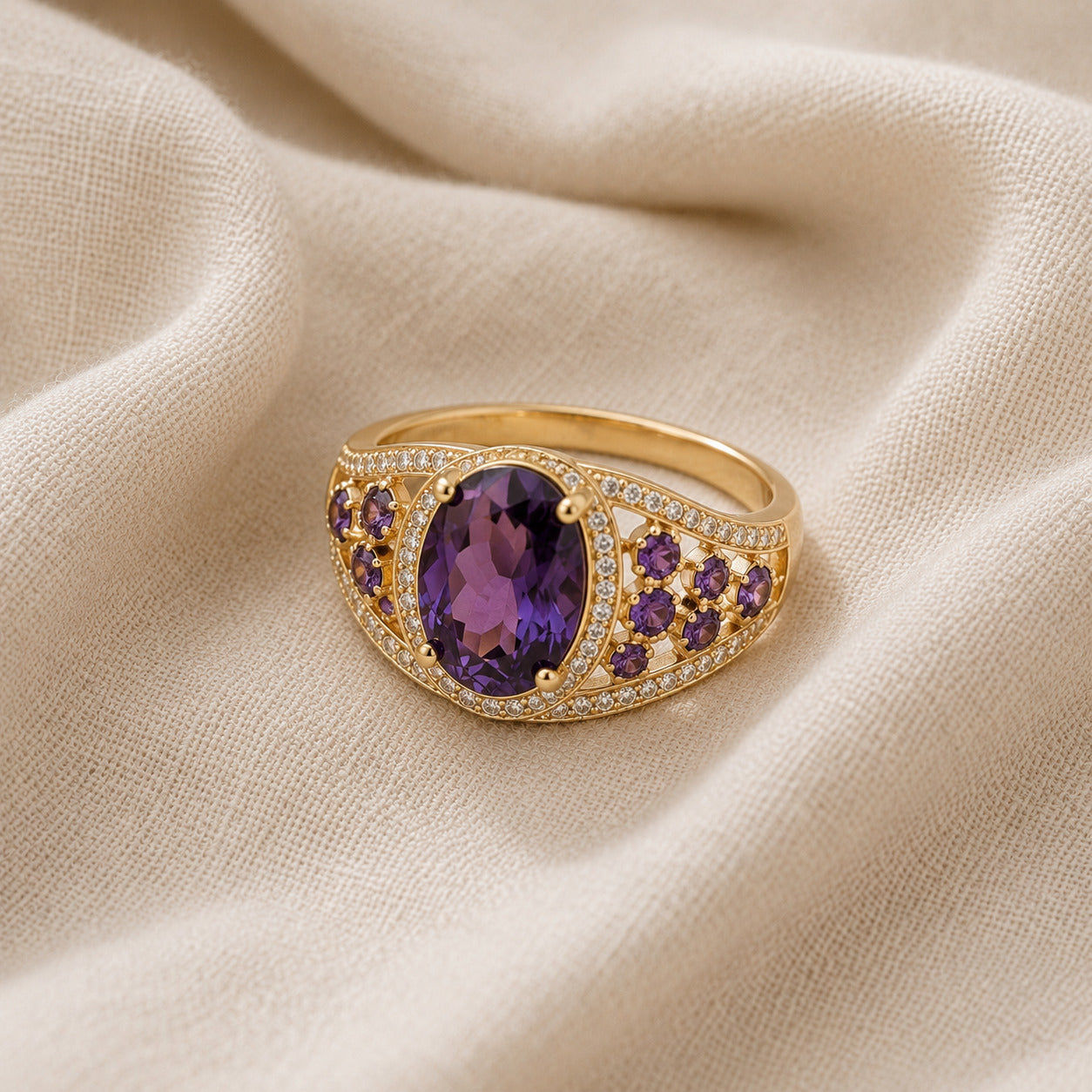 Oval Amethyst Cocktail Ring with Geometric Gold-Tone Band
