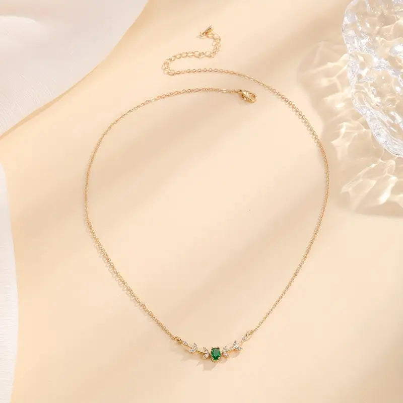 Oval Emerald Pendant Necklace with Floral Accent Stones, Gold-Tone Cable Chain