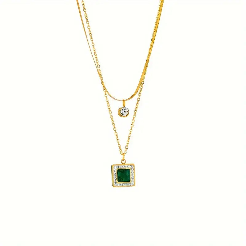 Layered Necklace with Square Emerald-Green Stone and Round Clear Stone Pendants in Gold Tone — view 5