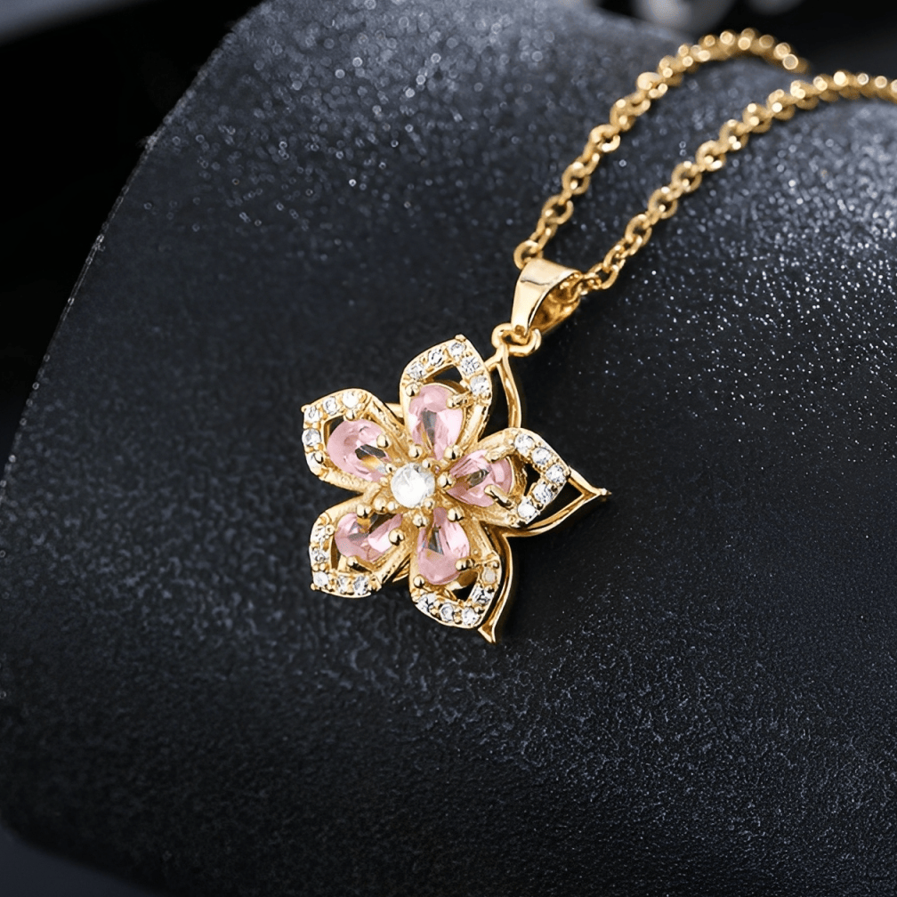Pink Crystal Flower Pendant Necklace with Gold-Tone Rolo Chain