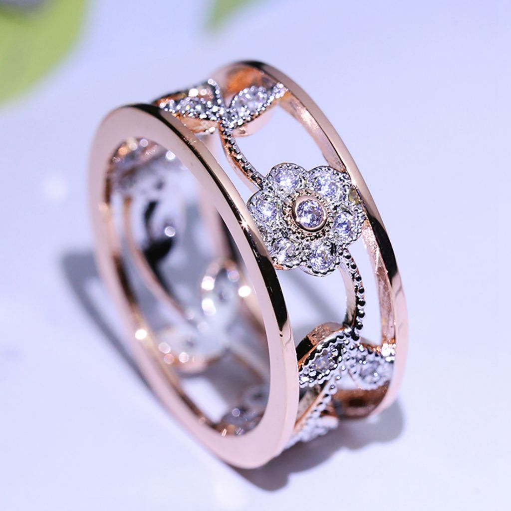 Floral Cluster Rose Gold Ring with Crystal Halo Setting
