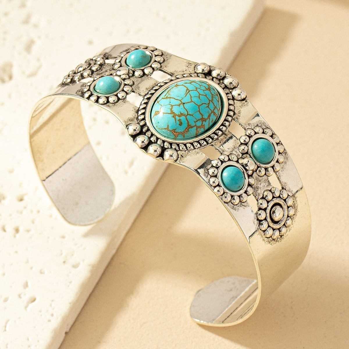 Oval Turquoise Cuff Bracelet with Beaded Silver-Tone Detail
