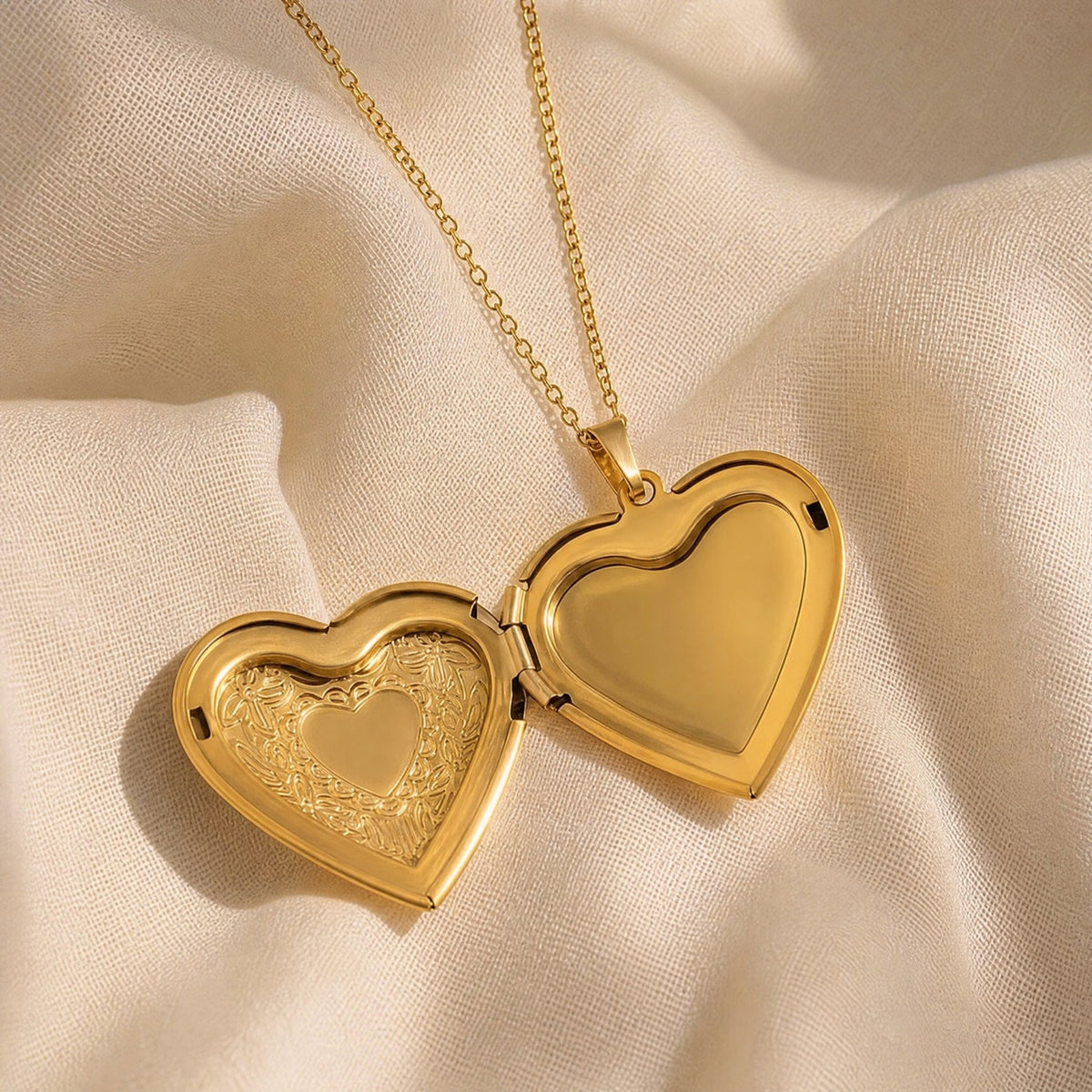 Heart-Shaped Locket Necklace with Engraved Floral Detail, Opens for Photos — view 2
