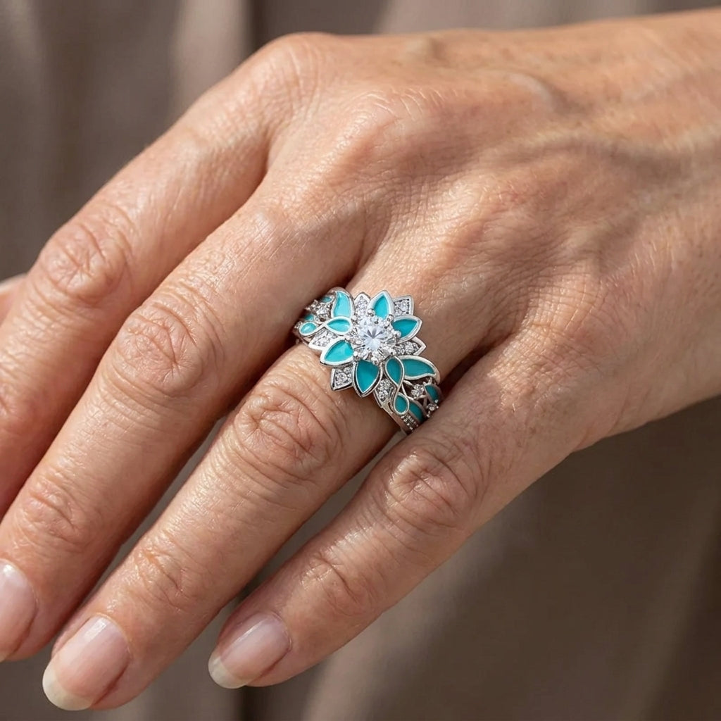 elegant turquoise flower crystal ring — lifestyle