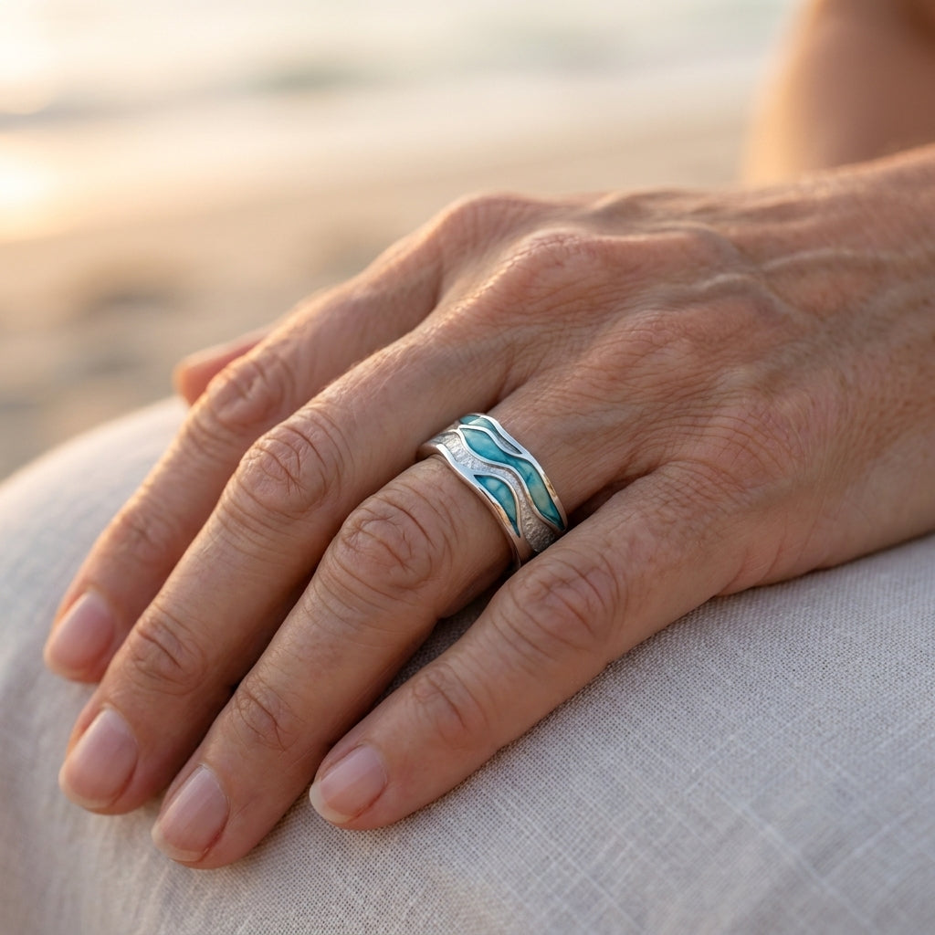 elegant turquoise silver waves ring — lifestyle