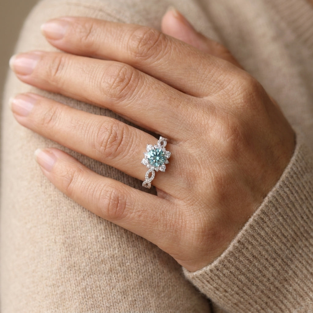 elegant white gold turquoise flower ring — lifestyle