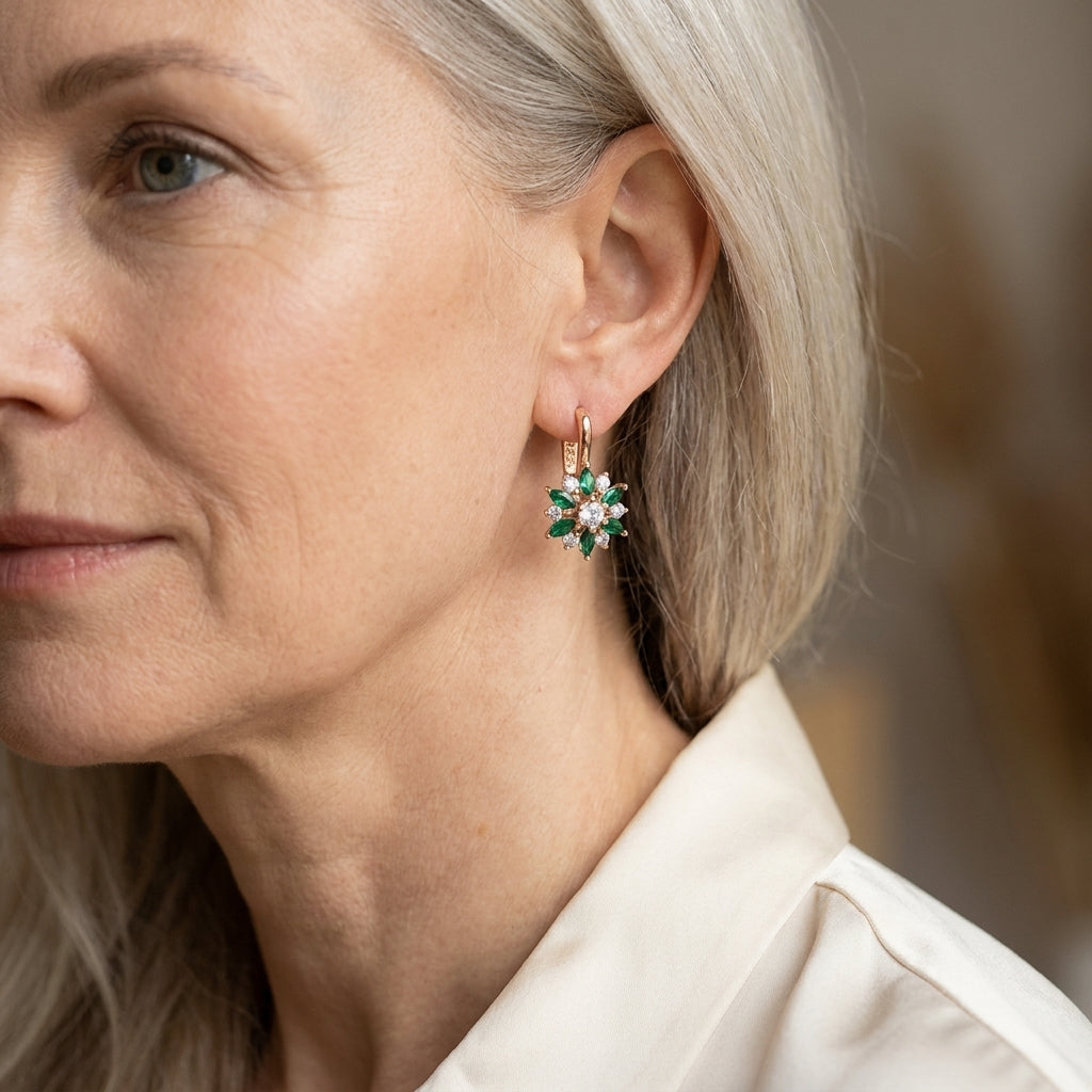 emerald bloom earrings — lifestyle