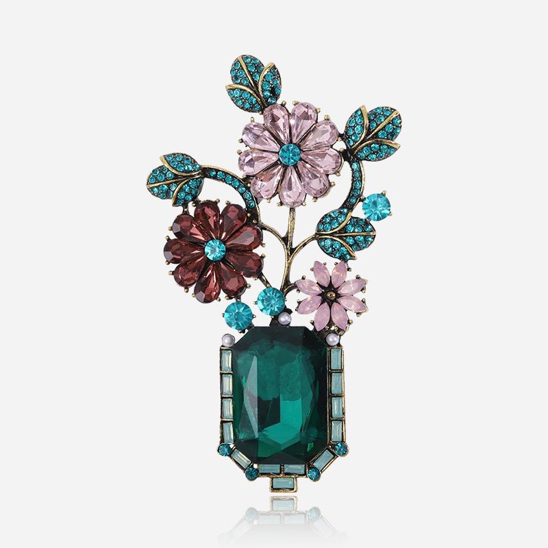 Vintage-Style Floral Brooch with Emerald-Cut Stone & Turquoise Accents — main image