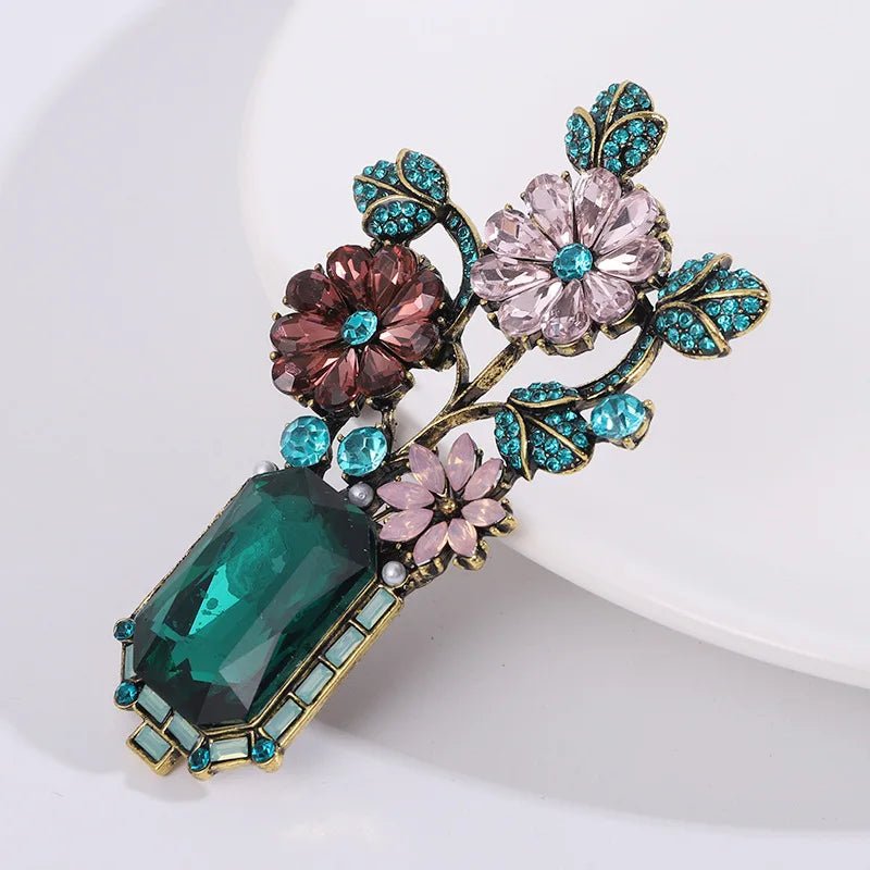 Vintage-Style Floral Brooch with Emerald-Cut Stone & Turquoise Accents — view 2