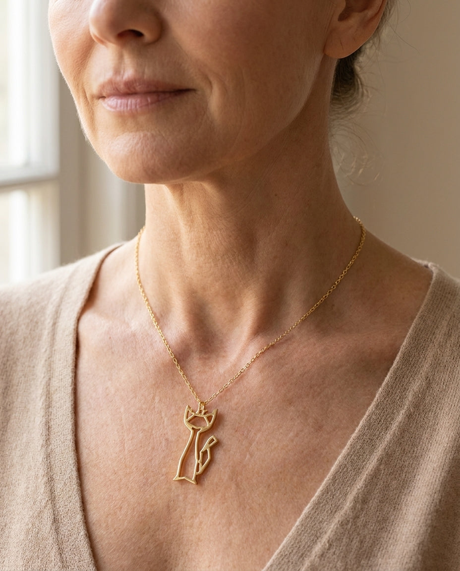 Estelle & Ruby Cat Pendant Necklace – Minimalist Outline Design, Alloy, Gold or Silver Plated (AI-generated lifestyle image)