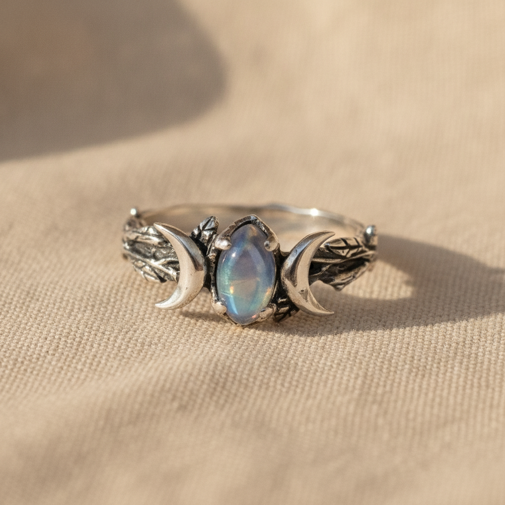 european and american simple retro bohemian crescent moonstone ladies engagement ring — studio