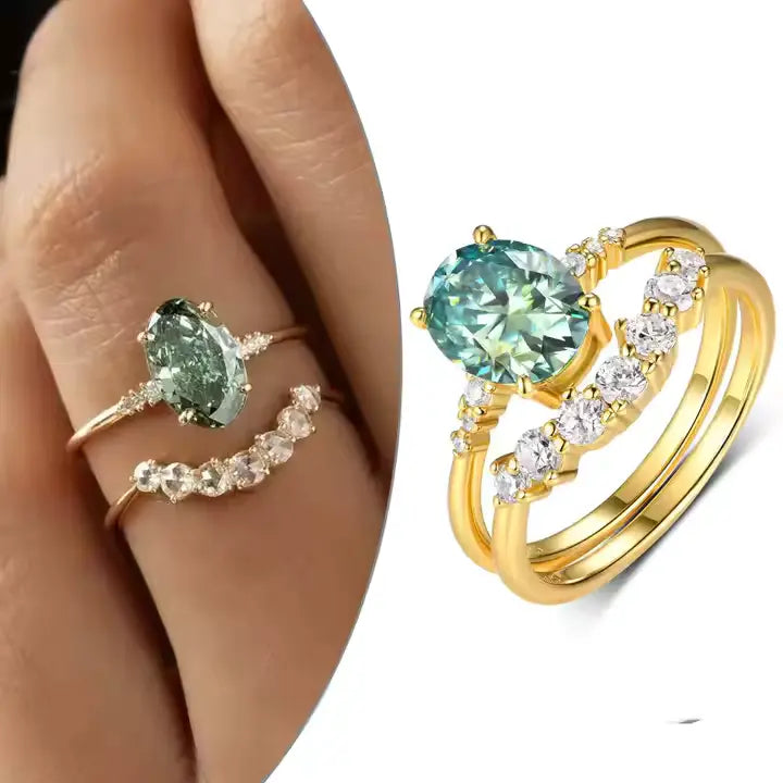Oval Green Moissanite Bridal Ring Set with Curved Wedding Band — view 3