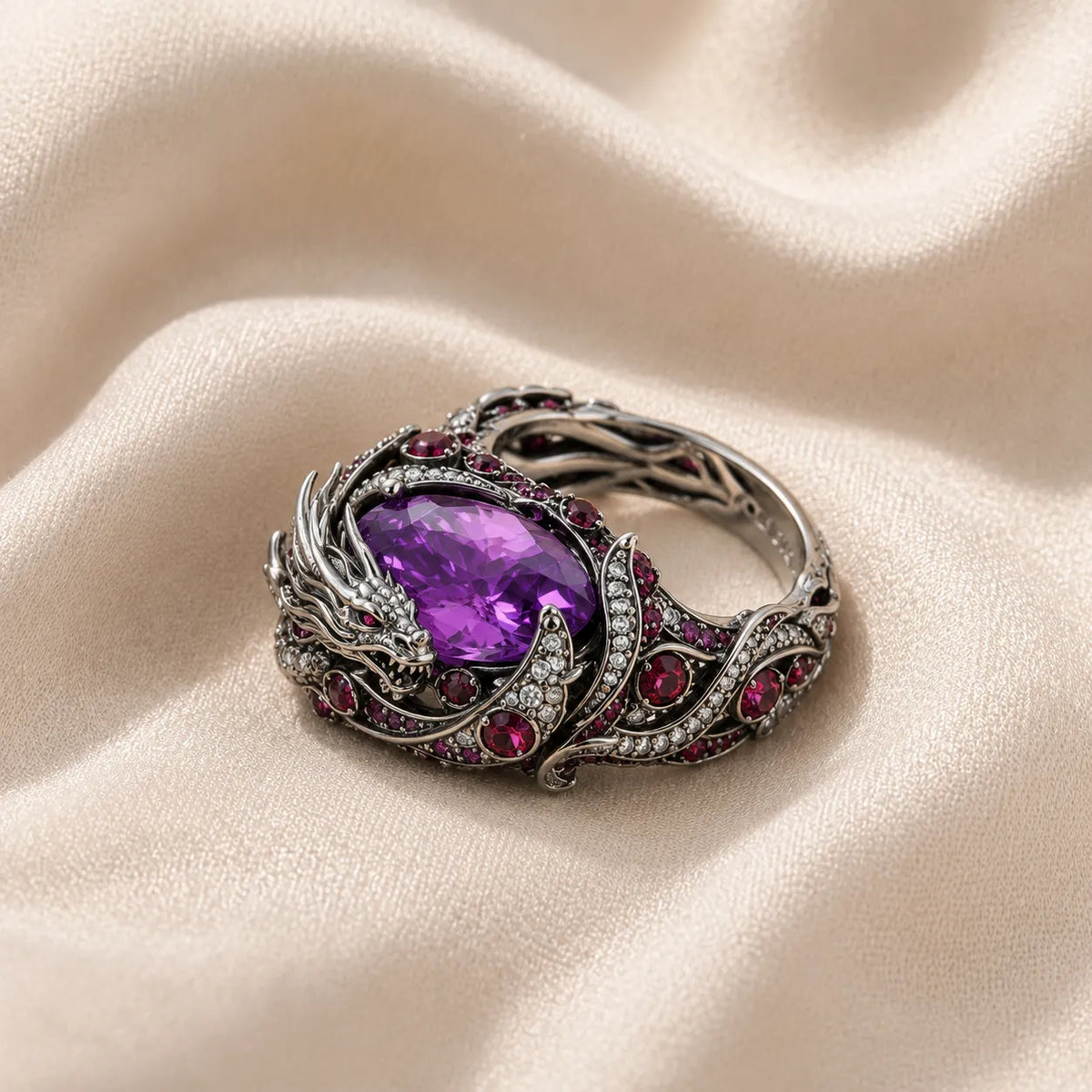 Dragon Motif Amethyst Ring with Ruby Accents and Filigree Wings
