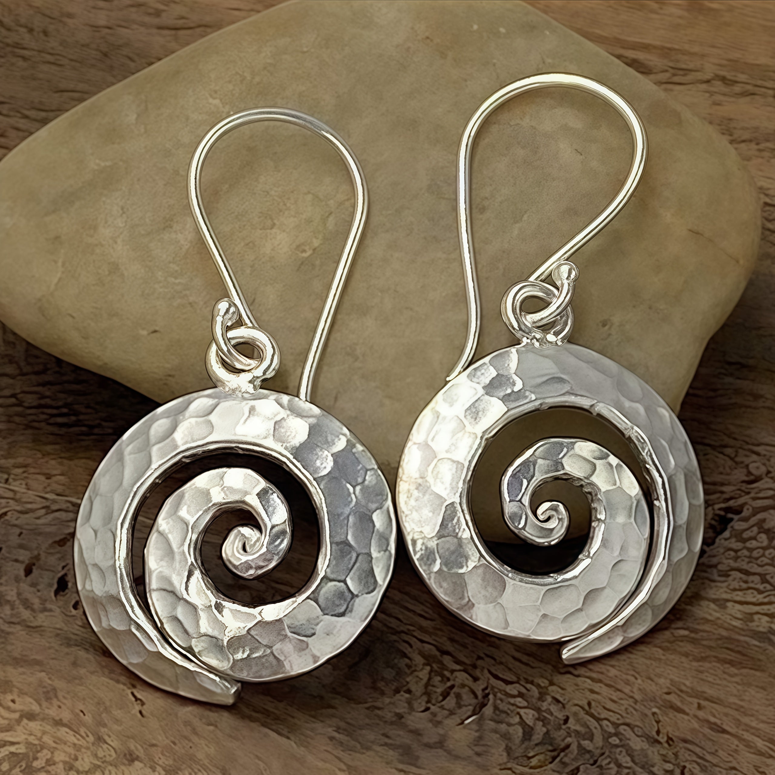 Spiral Pendant Drop Earrings with Hammered Silver-Tone Finish