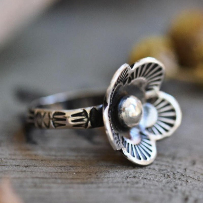 Four-Petal Flower Ring in Silver Tone with Oxidized Petals and Gold Accents — view 3