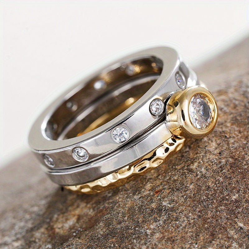 Round Cubic Zirconia Two-Tone Stacking Ring Set with Bezel Setting