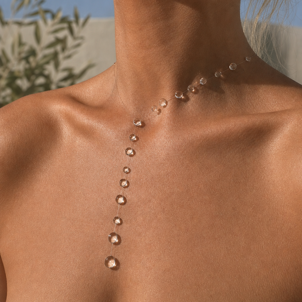 Clear Drop Beaded Necklace with Graduated Beads and Invisible String — view 2