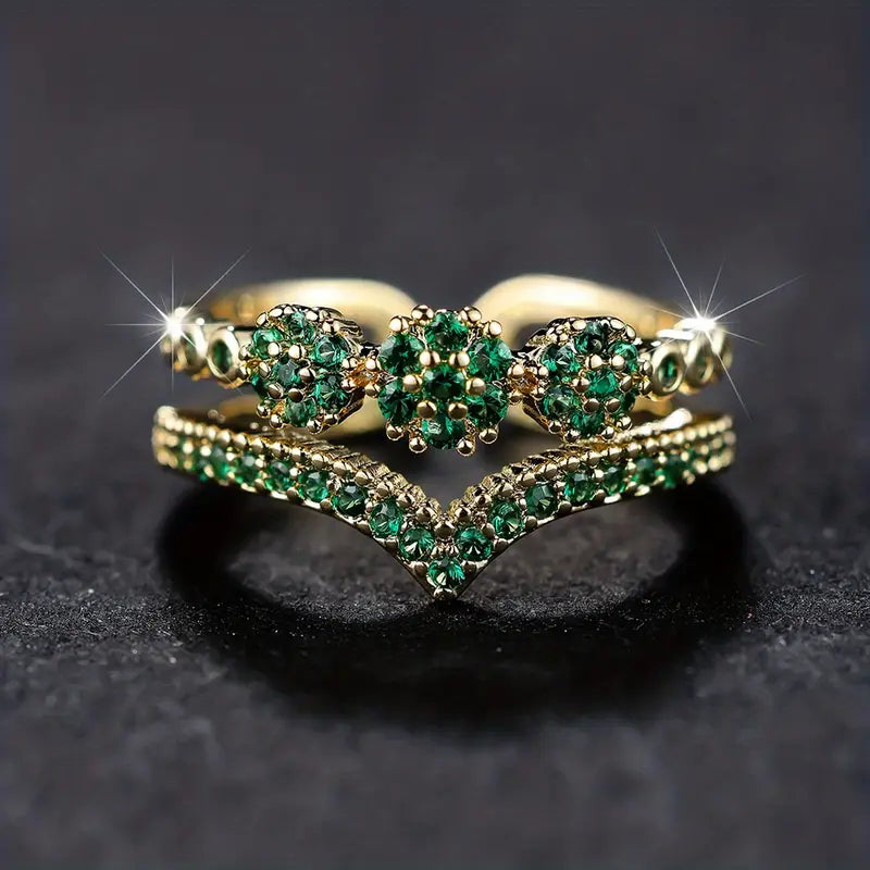 Wave-Shaped Emerald Cluster Ring with Gold-Tone Band — view 2