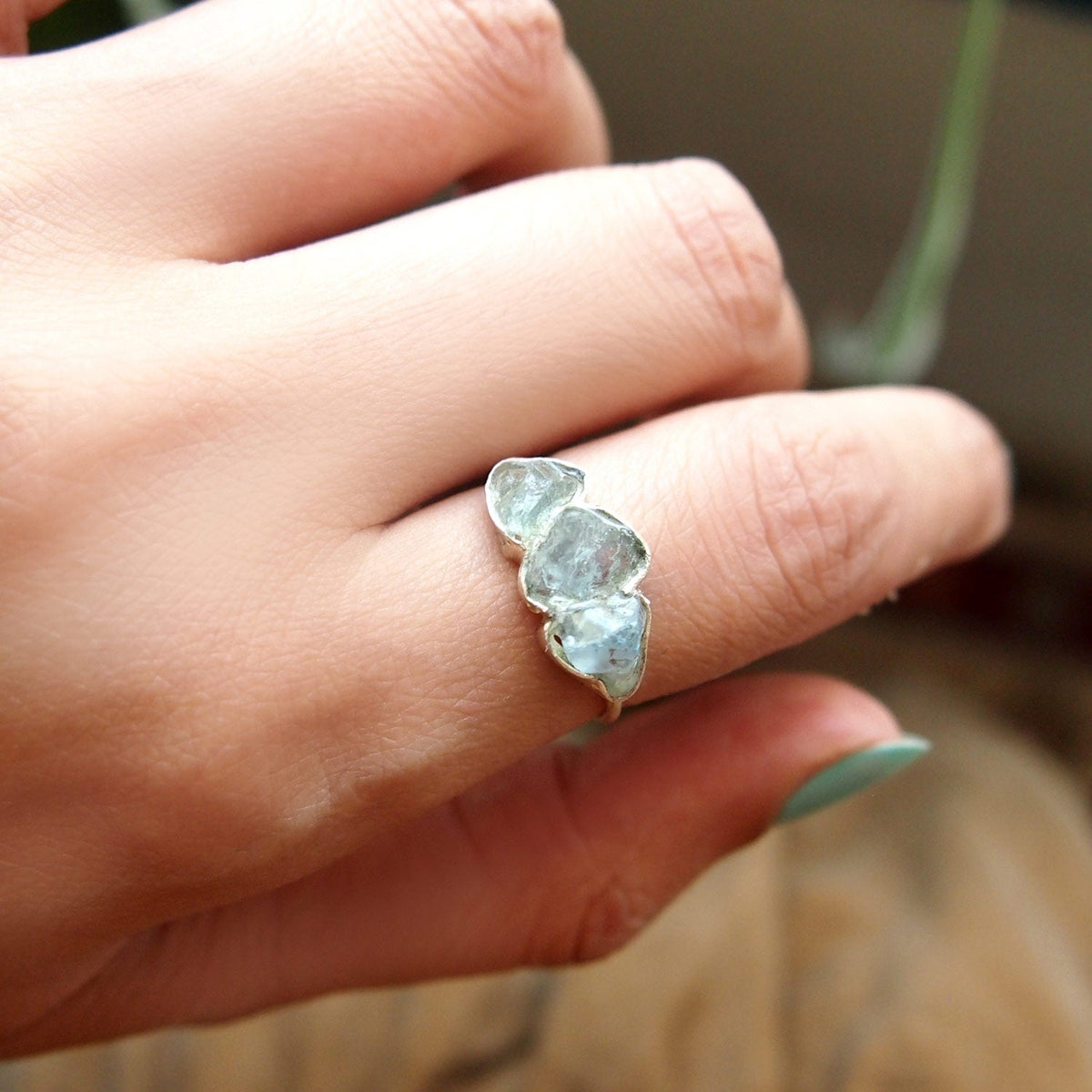 Raw Aquamarine Three-Stone Ring in Sterling Silver 92.5