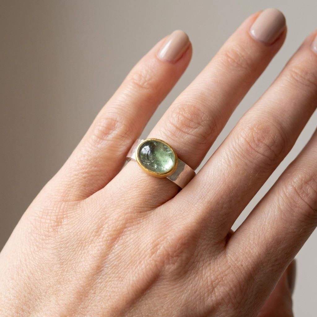 Green Cabochon Ring with Gold-Tone Bezel and Textured Silver Band
