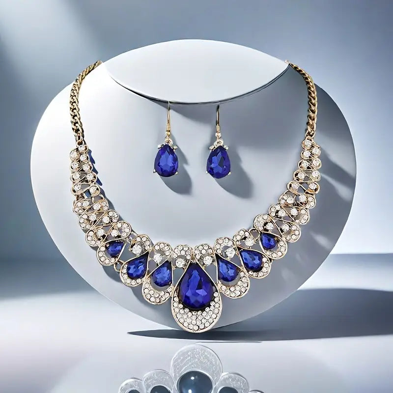 Teardrop Sapphire-Blue Necklace and Earring Set with Pavé Accents — main image