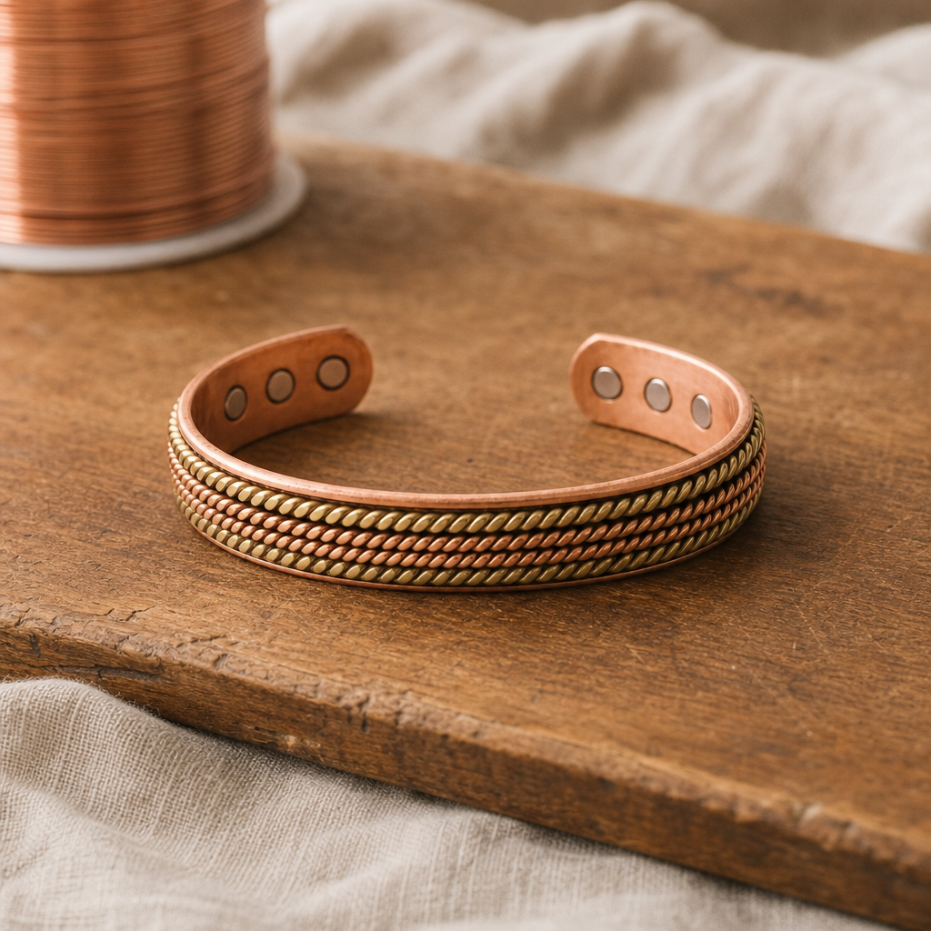 Copper Cuff Bracelet with Twisted Rope Texture and Gold-Tone Inlay, Adjustable Open Cuff — main image