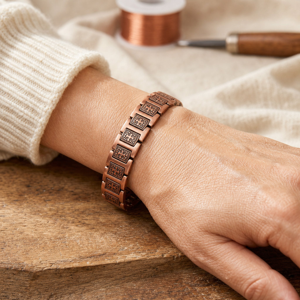 Copper Link Bracelet - Rose Copper 99.9% Pure Copper, Textured Rectangular Links, Magnetic Clasp — view 2