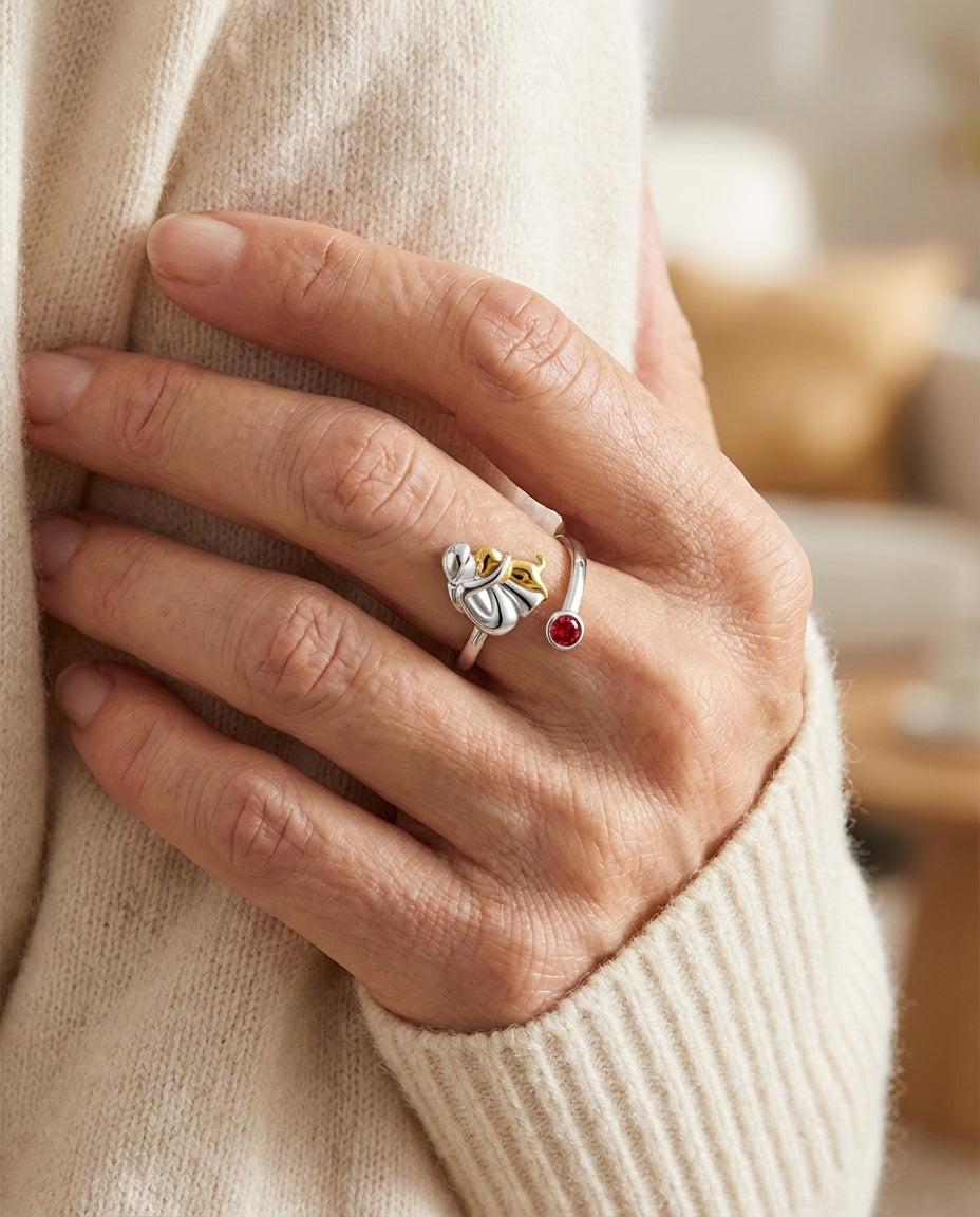 Estelle & Ruby Girl and Dog Charm Ring, Adjustable Two-Tone Alloy Wrap Ring with Red Stone (AI-generated lifestyle image)