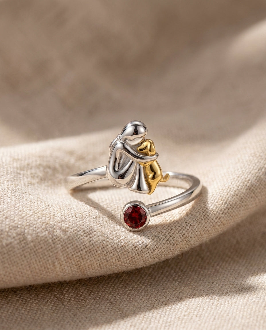 Estelle & Ruby Girl and Dog Charm Ring, Adjustable Two-Tone Alloy Wrap Ring with Red Stone (AI-generated studio image)