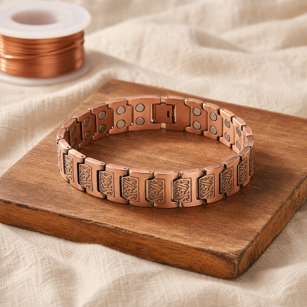 Pure Copper Link Bracelet with Engraved Panels and Adjustable Fold-Over Clasp — main image