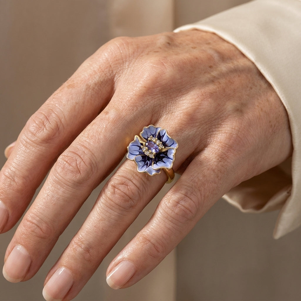 gold blue blossom ring — lifestyle