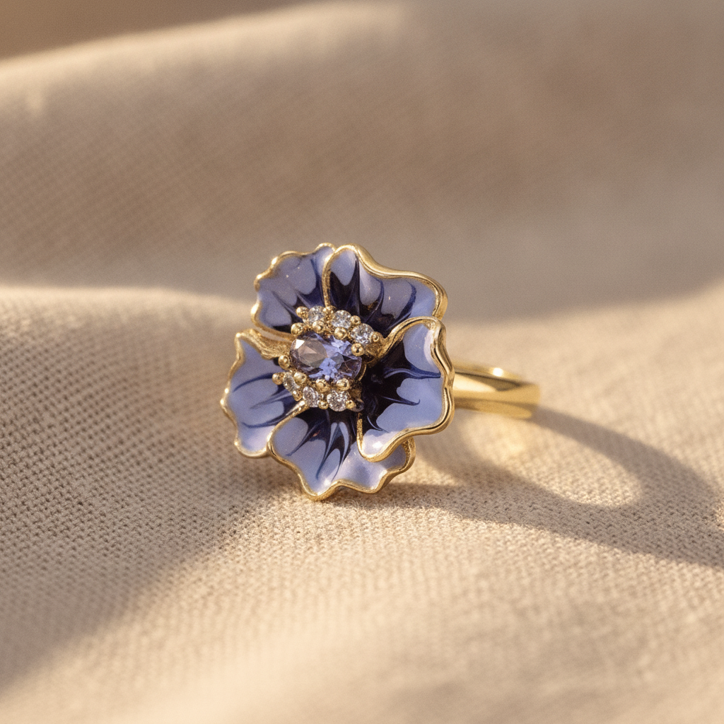 gold blue blossom ring — studio