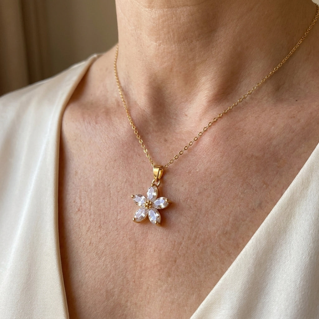 gold flower grace necklace — lifestyle