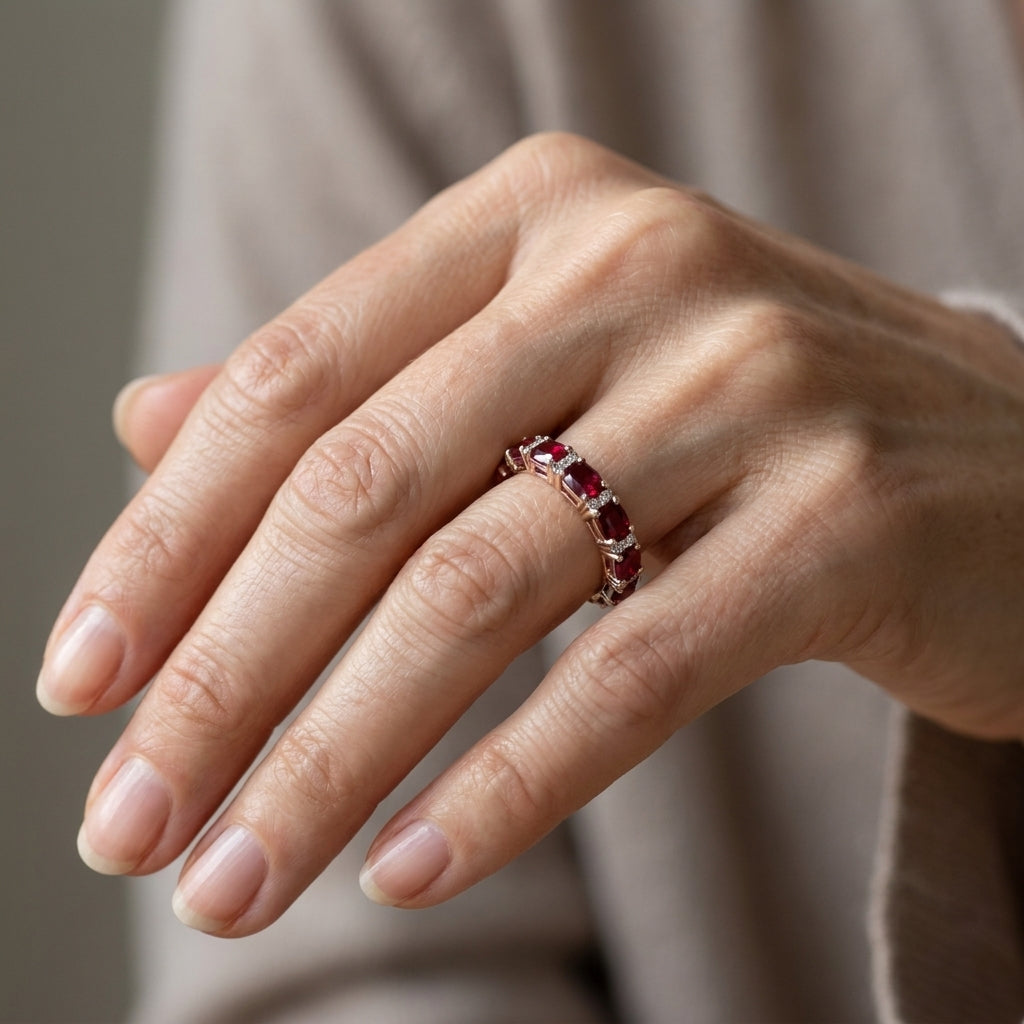 gold ring with red crystal inlays — lifestyle