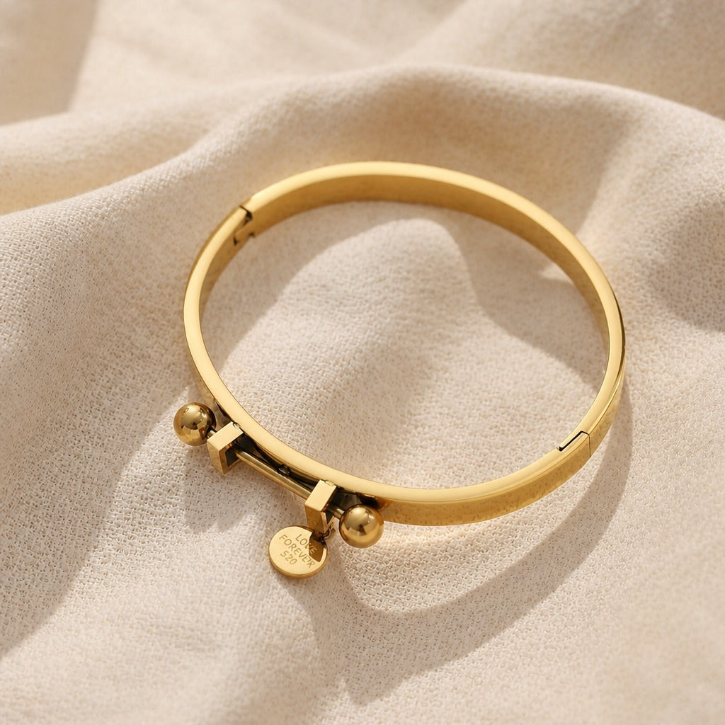 Hinged Gold Tone Bangle Bracelet with 'Love Forever' Disc Charm and Ball Bead Accents — view 2