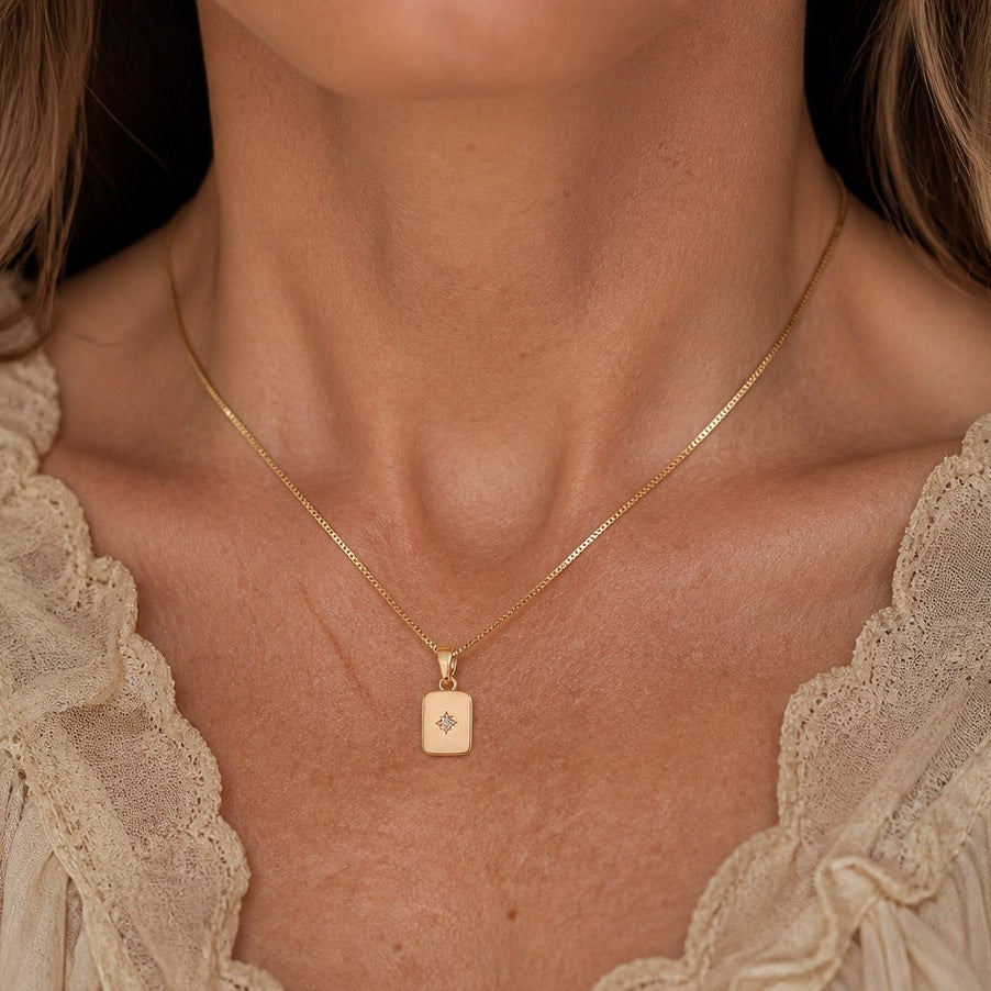 Rectangular Cubic Zirconia Pavé Pendant Necklace with Gold Box Chain — main image