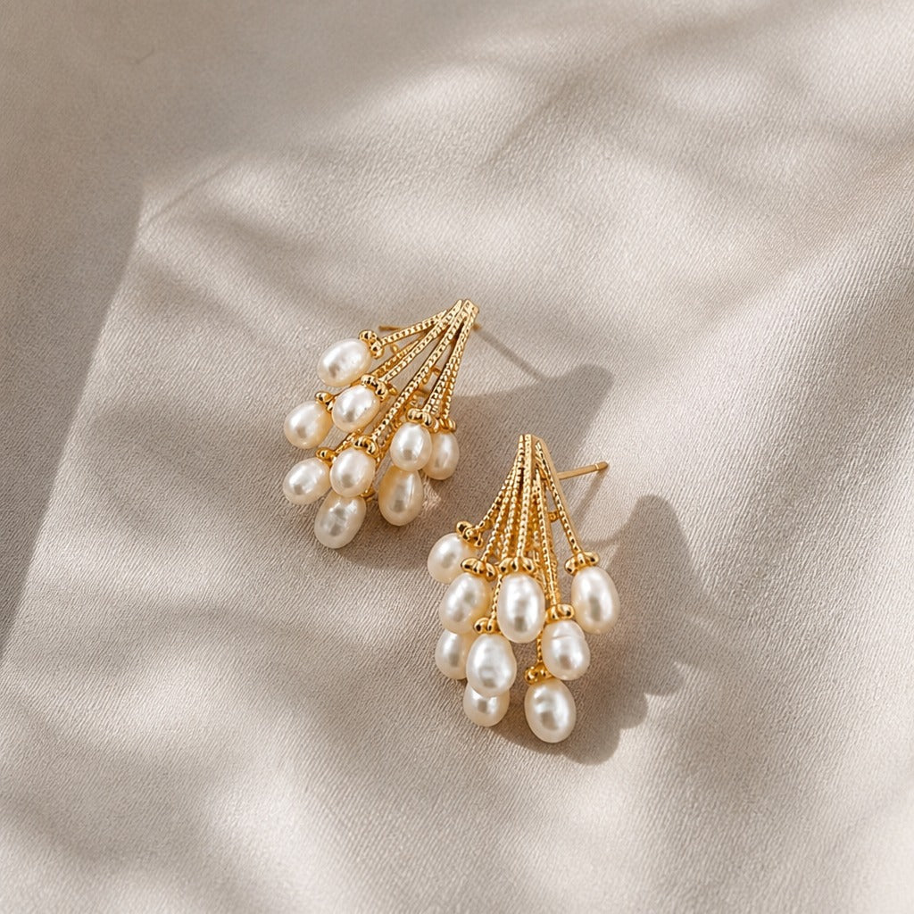 Cascading Pearl Cluster Drop Earrings in Gold and Silver Tone — view 4