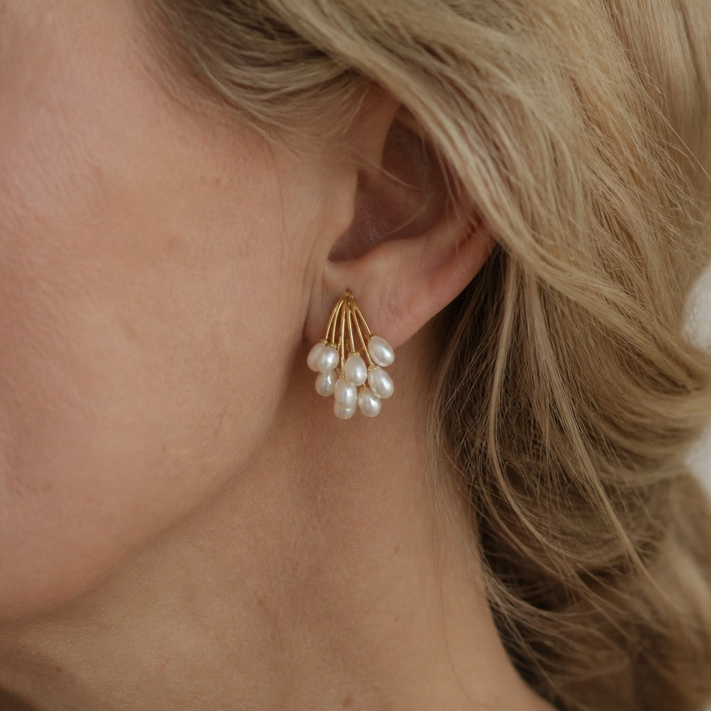 Cascading Pearl Cluster Drop Earrings in Gold and Silver Tone — view 3