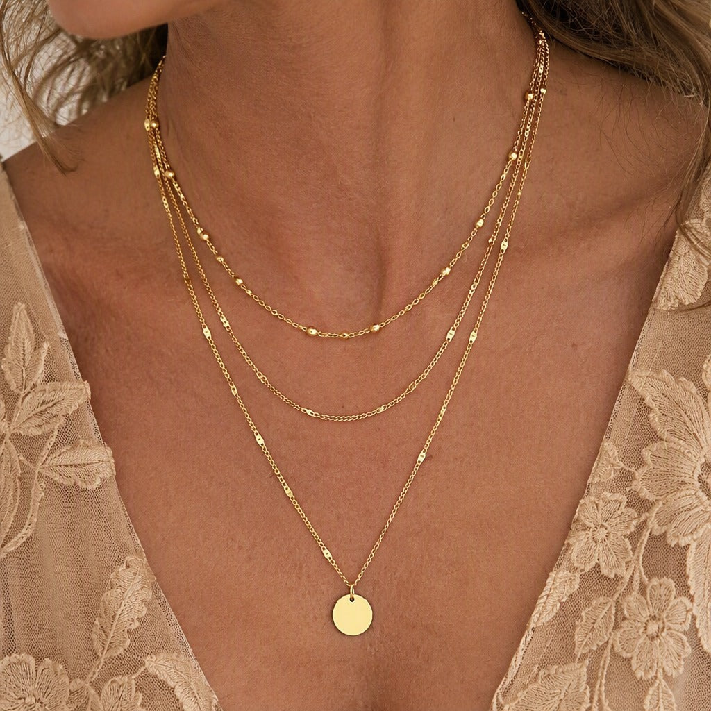 Triple-Layer Gold-Tone Chain Necklace with Beaded Accents and Round Pendant — main image