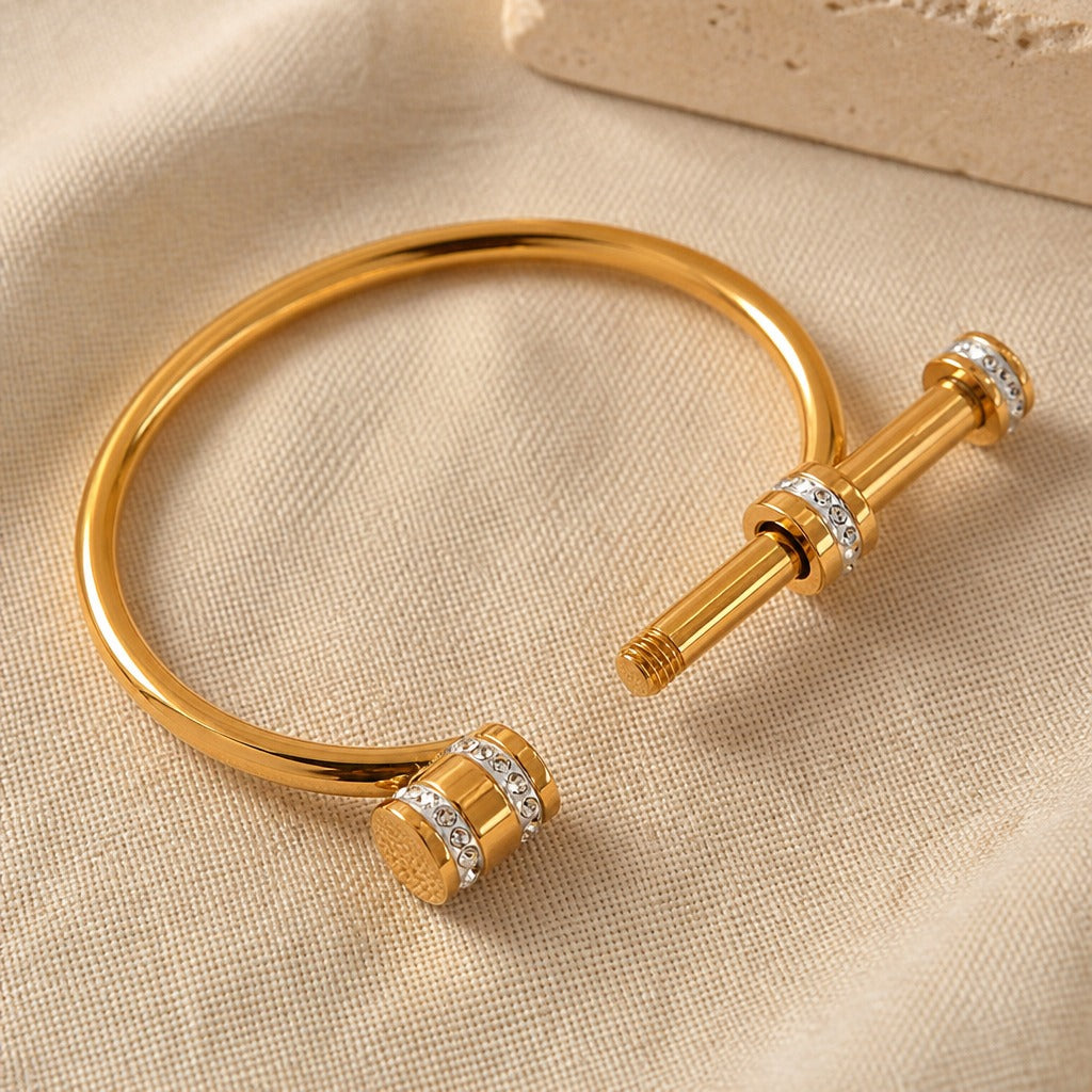 Open Cuff Bangle in 18K Gold Plating with Cubic Zirconia Inlay — main image
